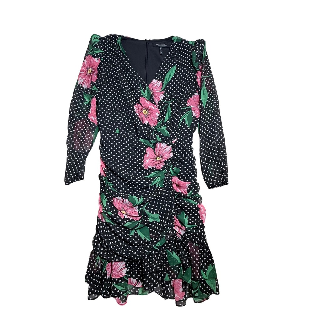 BCBGMAXAZRIA Floral Polka Dot Ruched Mini Dress Black Pink Size 4